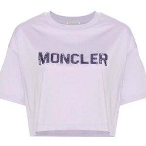 MONCLER Purple Sequin Logo Cropped T-Shirt NWT Designer Causal Top